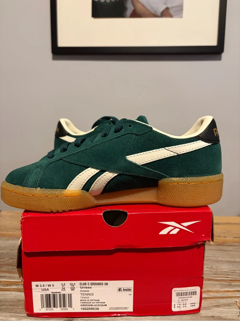 Reebok Green Suede Low-Top Sneakers with White Stripes and Gum Sole